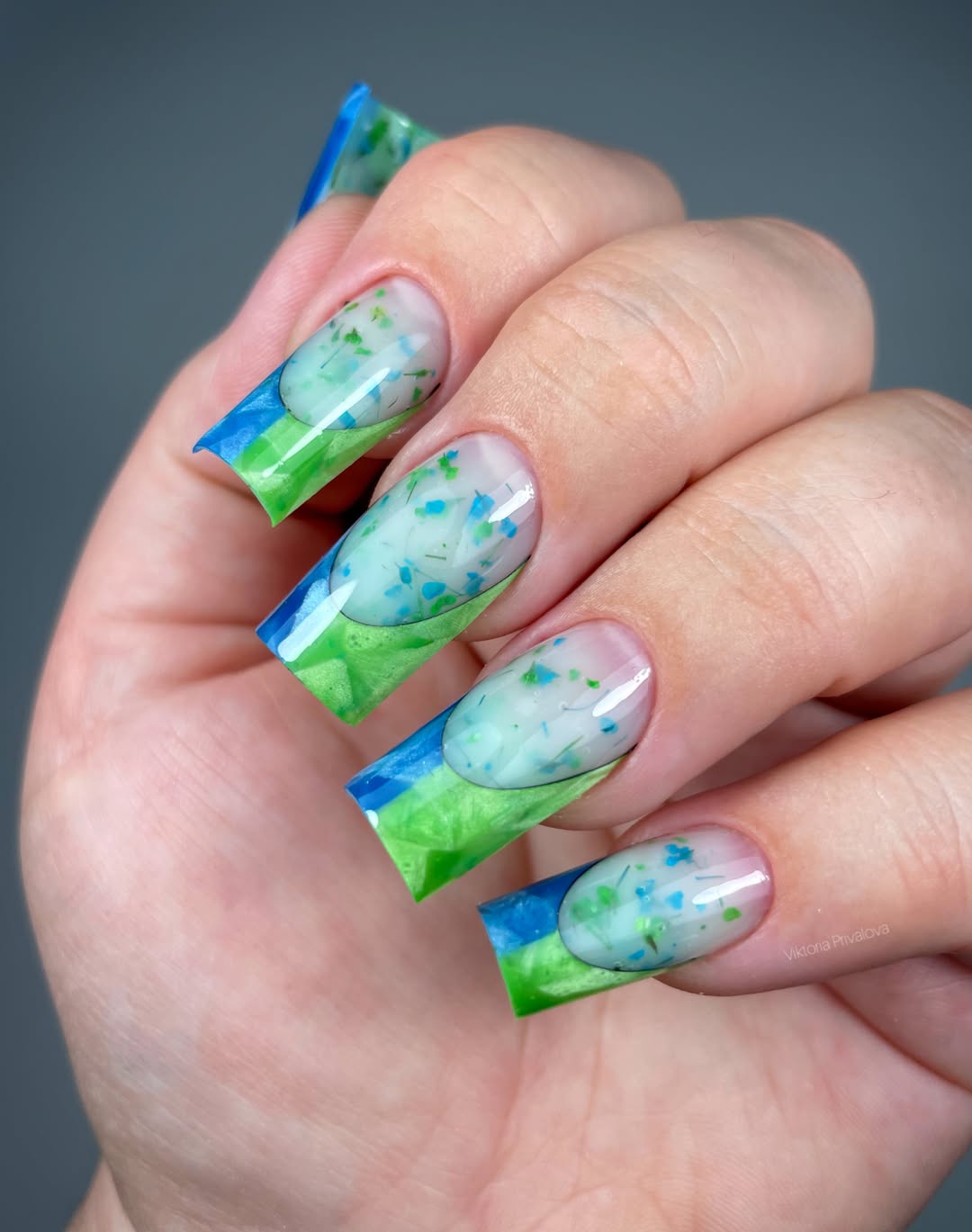 Encapsulated Confetti Tips Blue Green Summer Nails