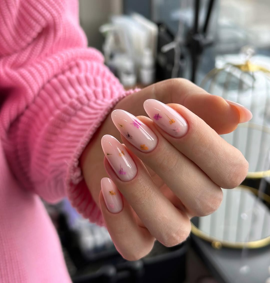 Encapsulated Dried Floral Glossy Nude Almond Nails