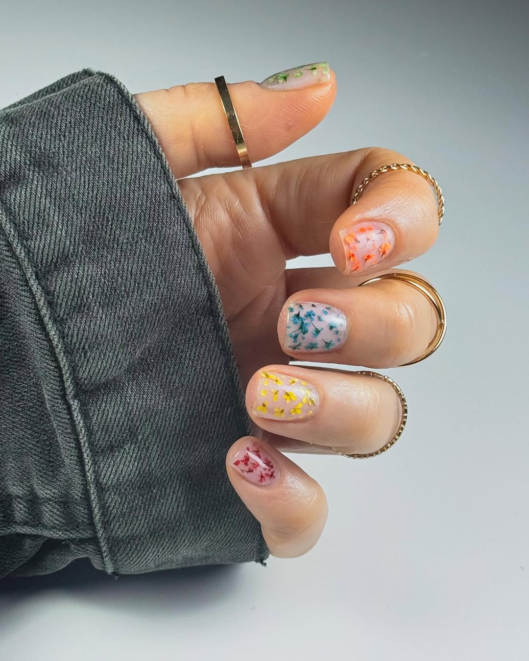 Encapsulated Dried Flower Rainbow Skittle Manicure