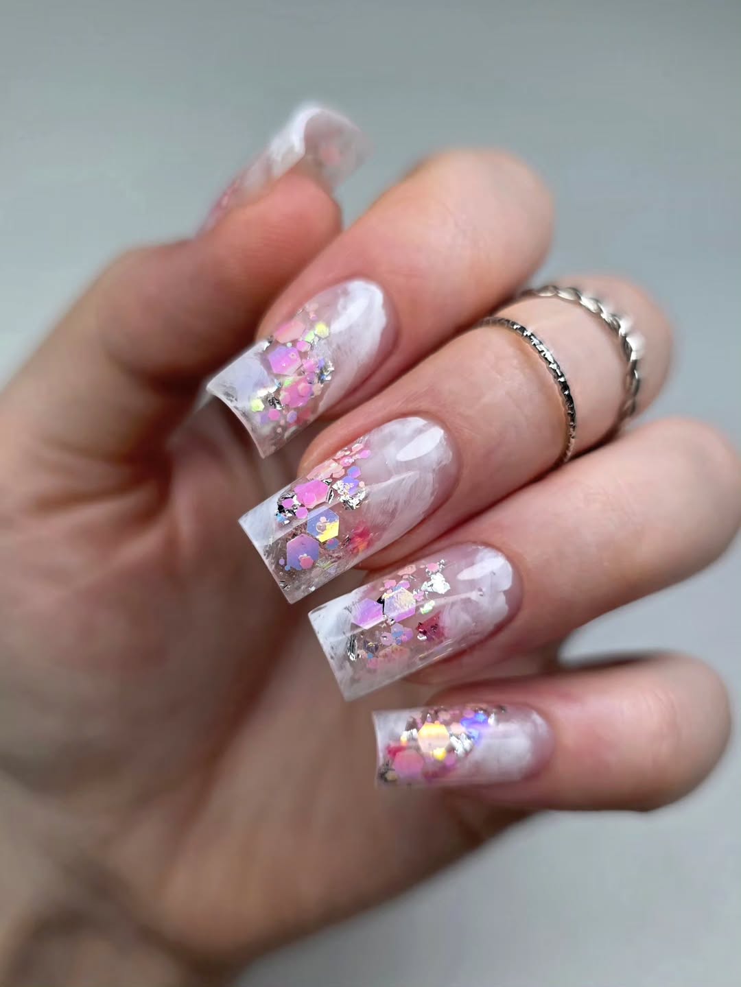Encapsulated Pink Hexagon Glitter Extra-Long Square Nails