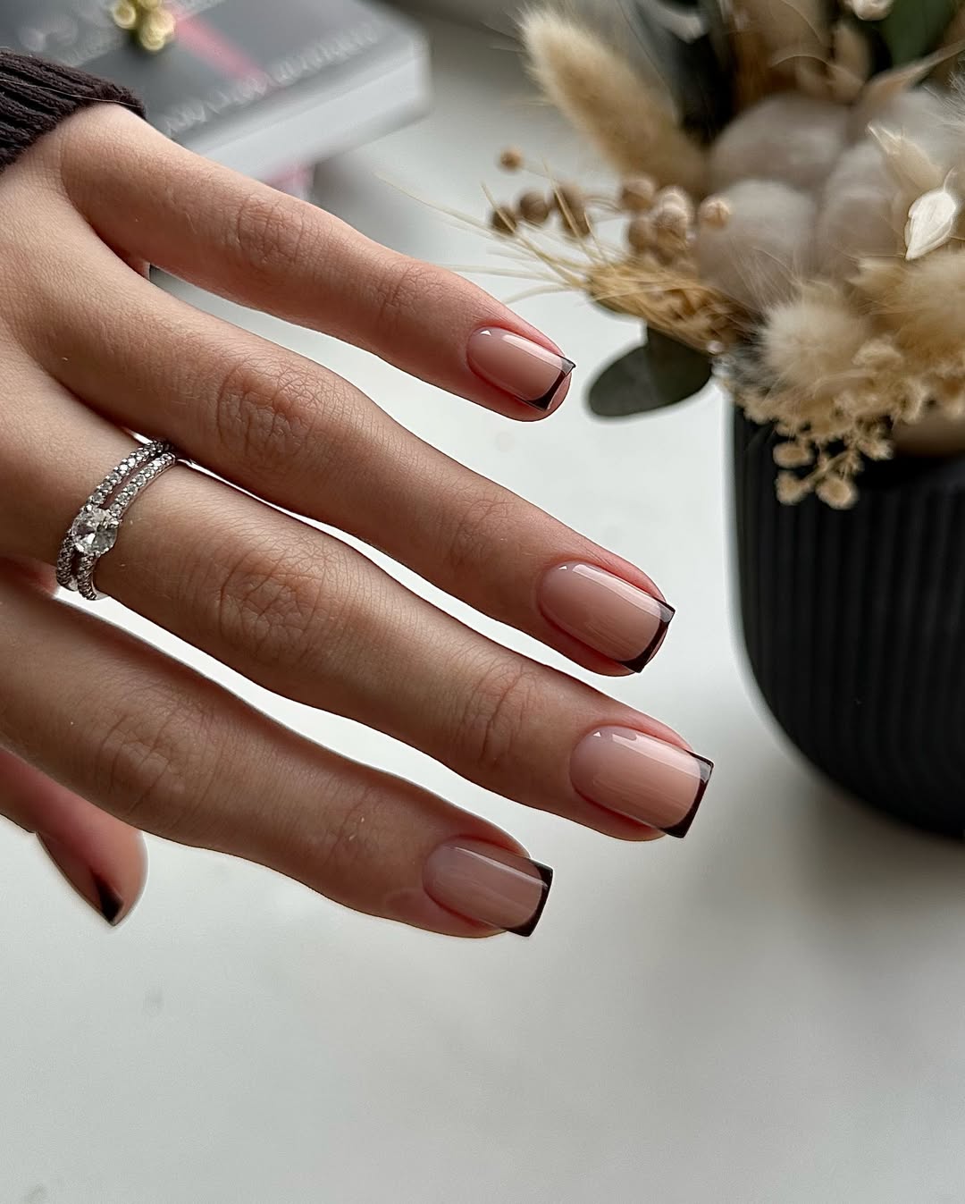 Espresso Brown French Tip Short Squoval Nails
