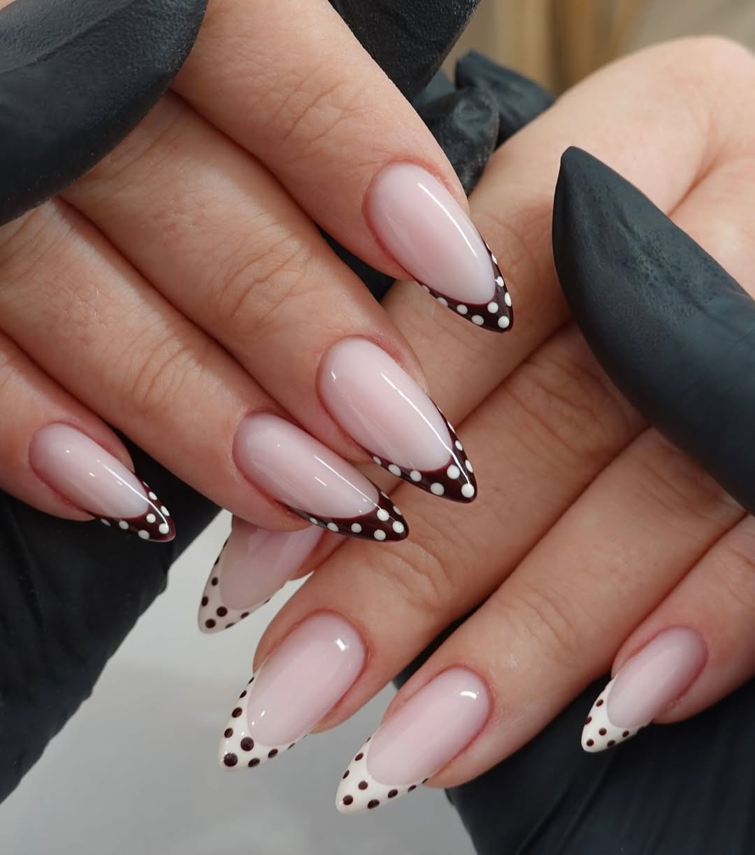 Espresso Polka Dot French Tip Stiletto Nails