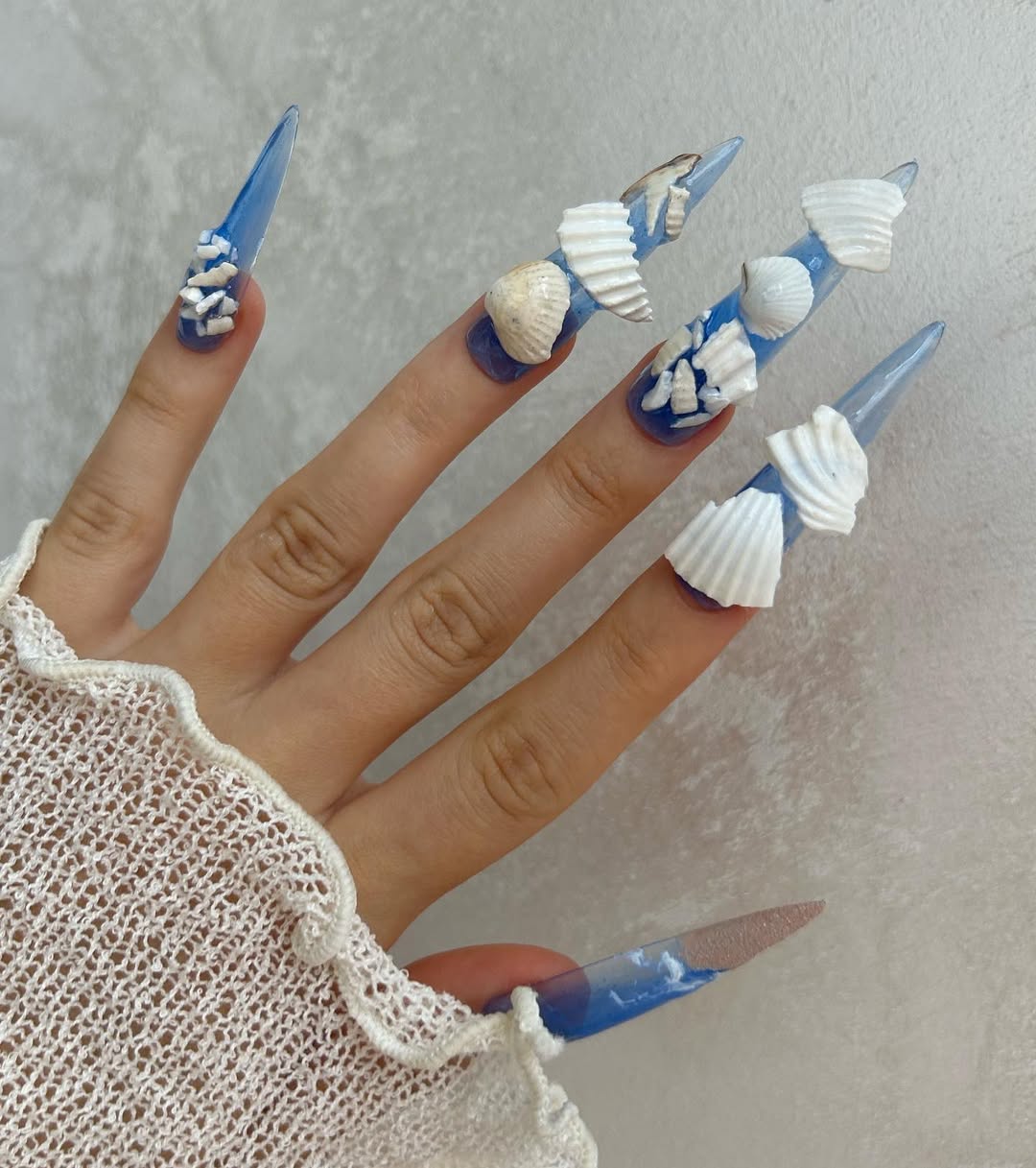Extreme Blue Jelly Stiletto Nails with 3D Seashells