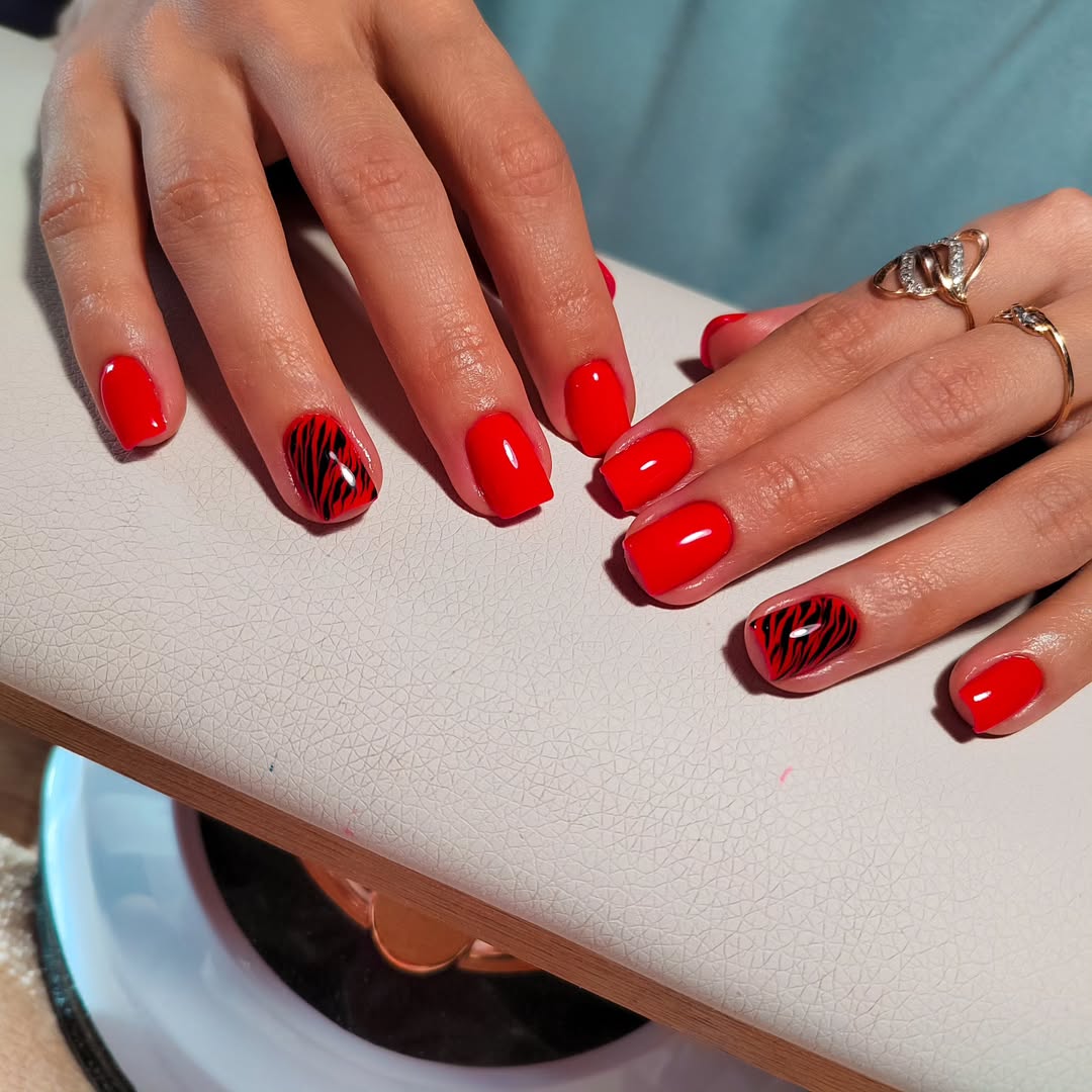 Fiery Red Nails with Black Tiger Stripes