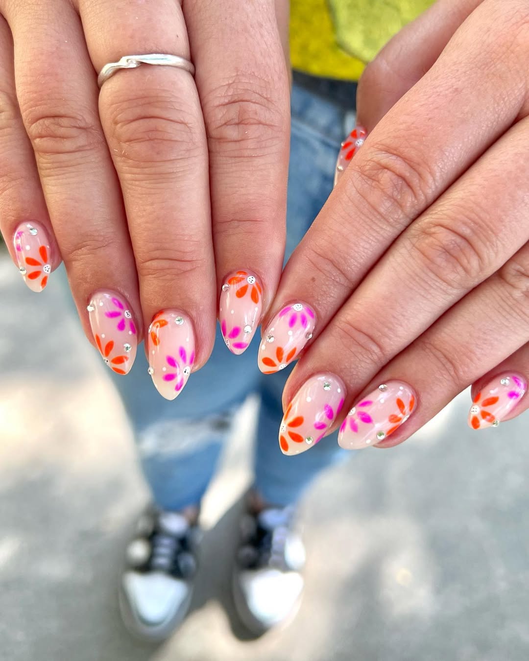Floral Rhinestone Almond Nails With Pink and Orange Petals