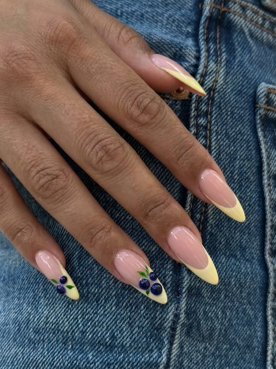 Frosted Lemon French Tips with Blueberry Art
