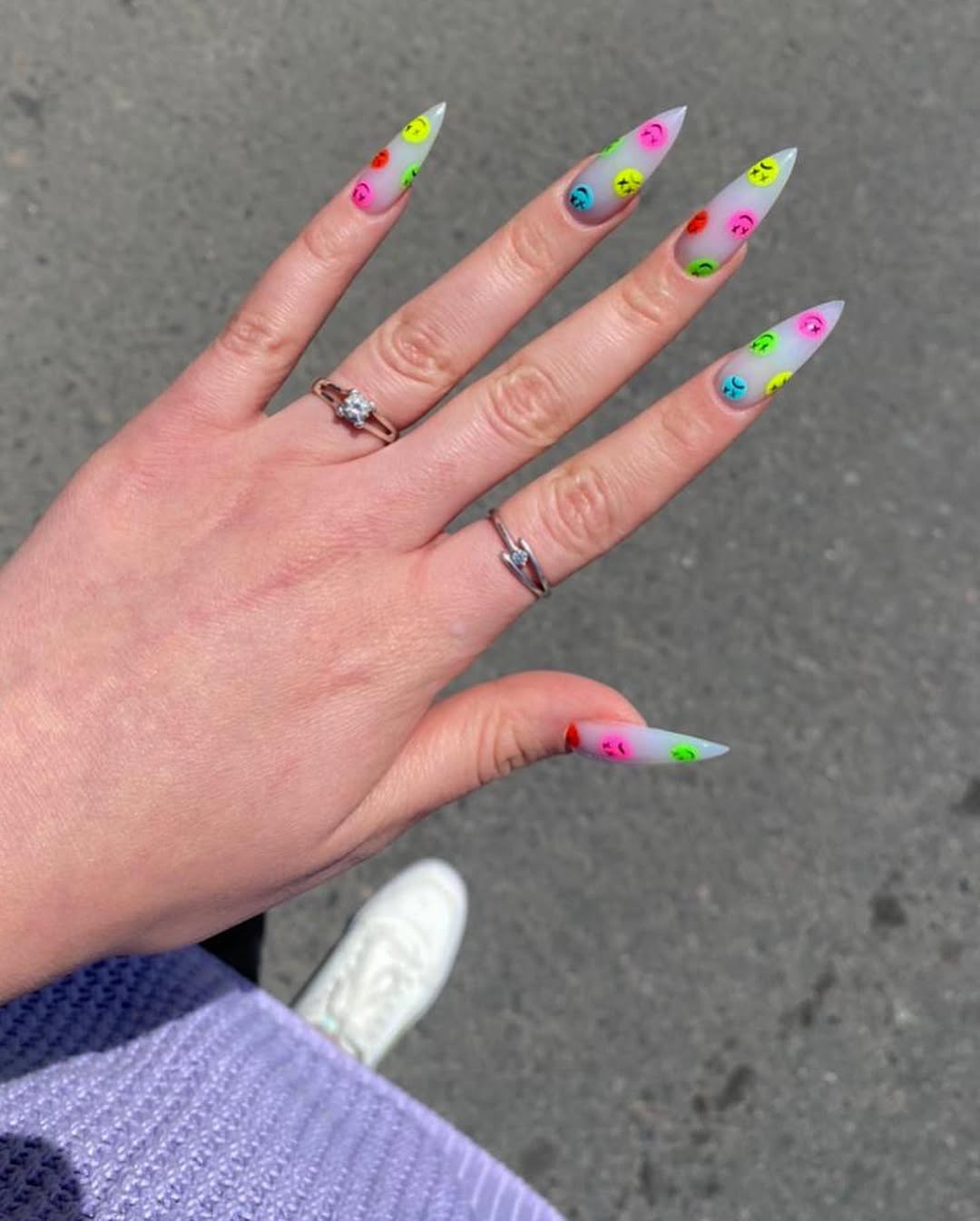 Frosted Long Stiletto Neon Smiley Faces