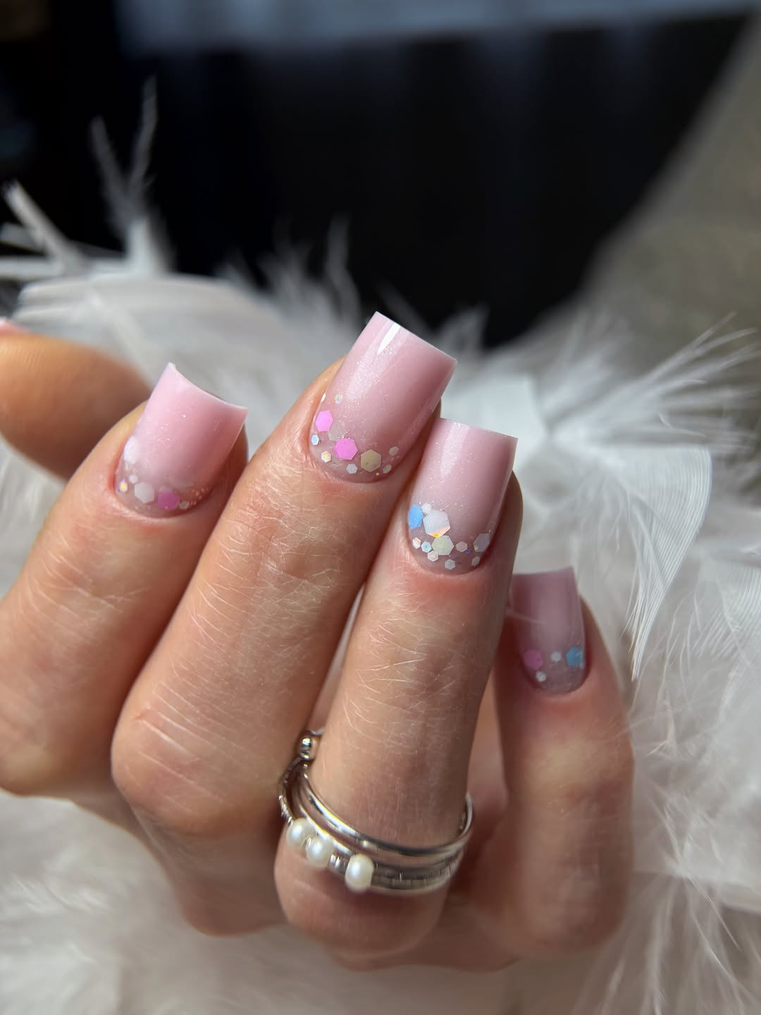 Frosted Pink Short Square Glitter French Tips