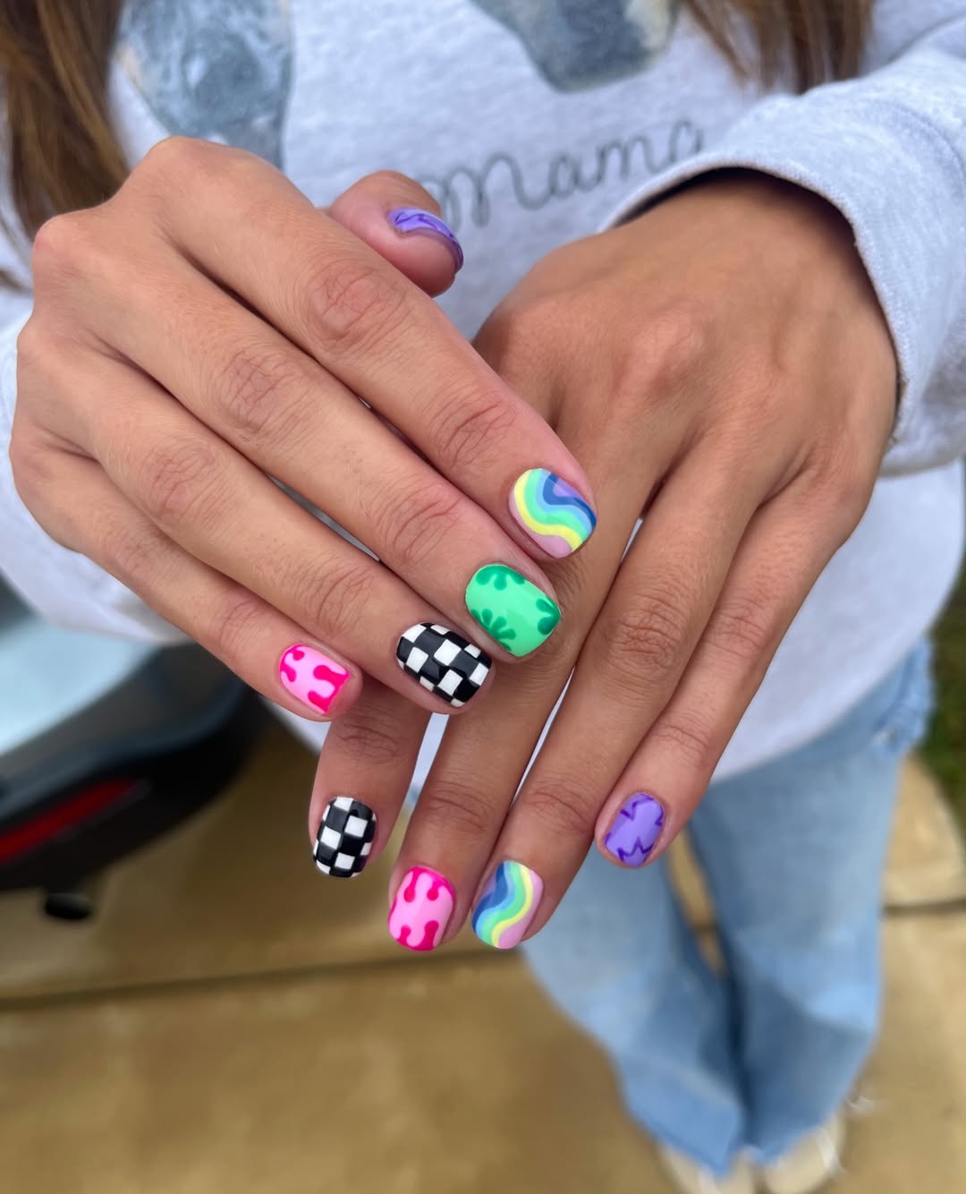 Funky Mismatched Colorful Groovy Checkered Short Square Nails