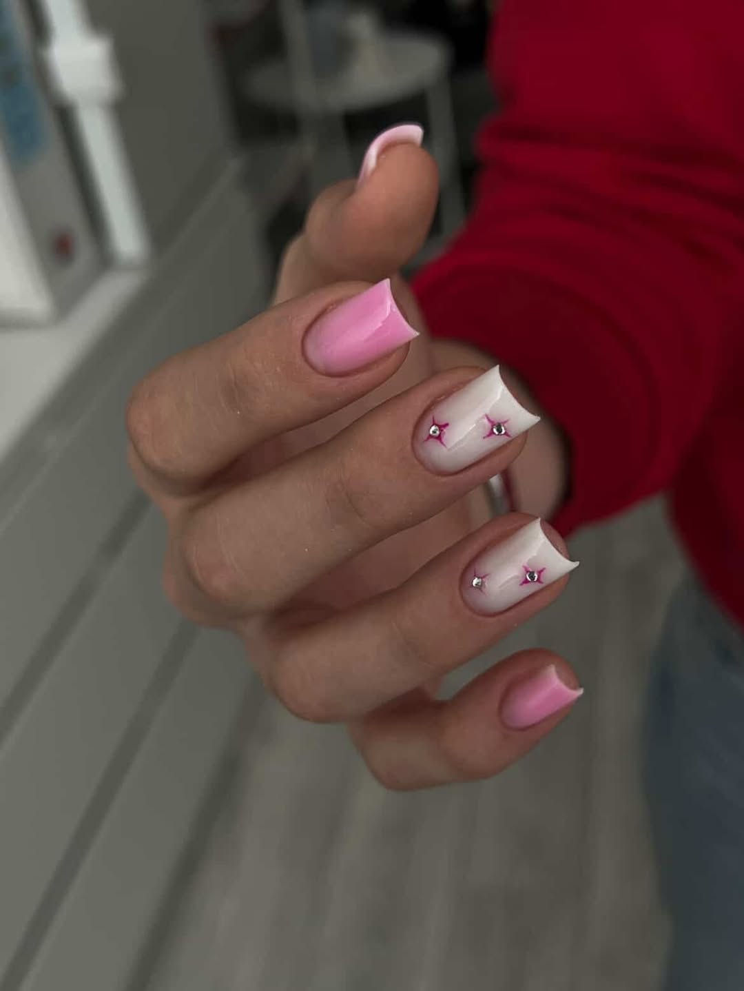 Funky Pink and White Square Tips with Star Charms