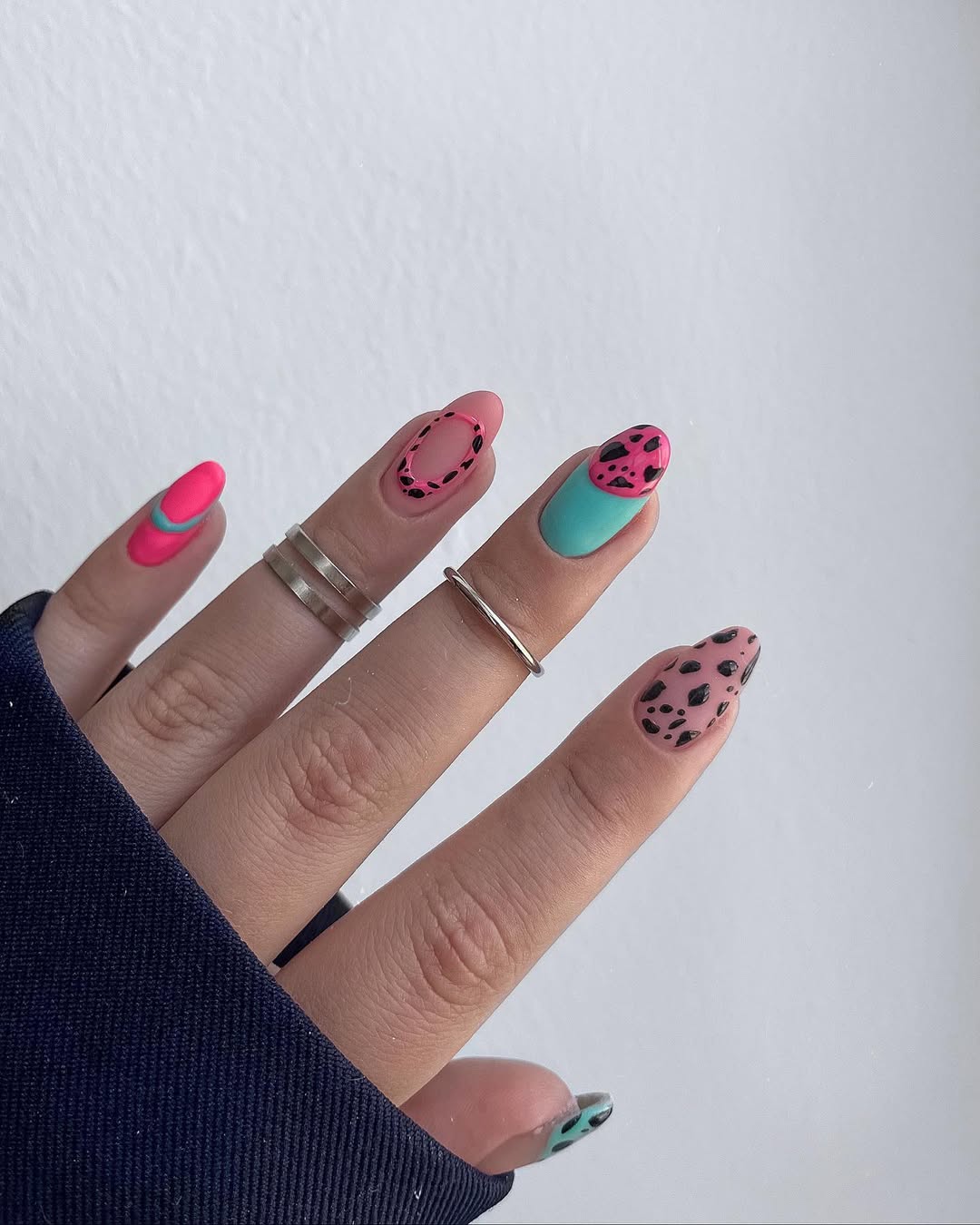 Funky Pink Teal Animal Print Matte Almond Nails
