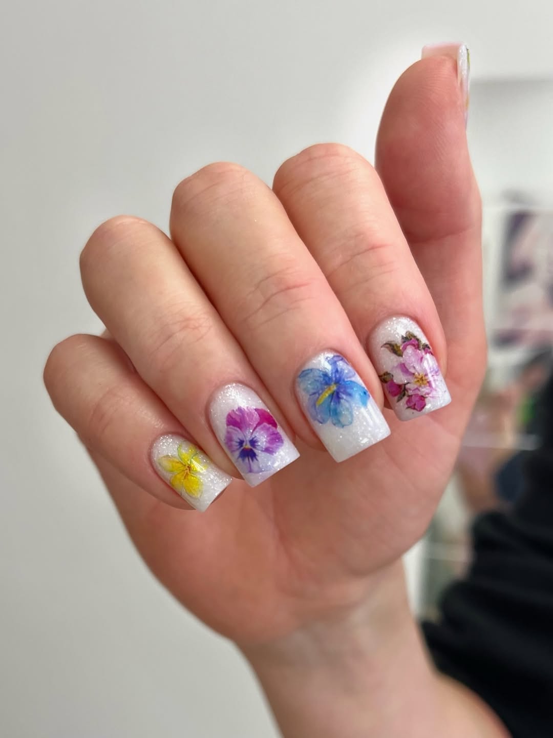 Garden Fresh Floral White Glitter Squoval Nails