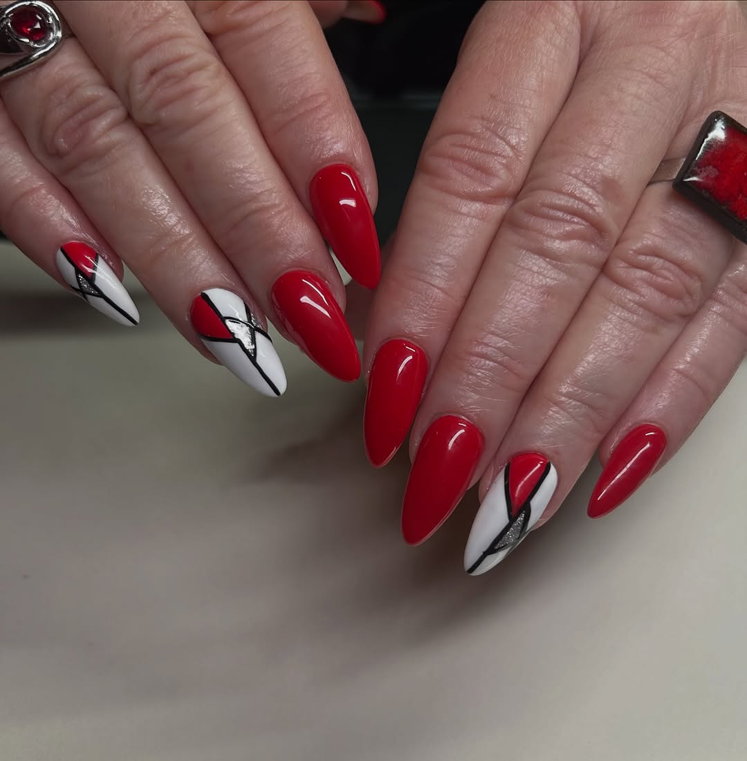 Geometric Red and White Almond Nails