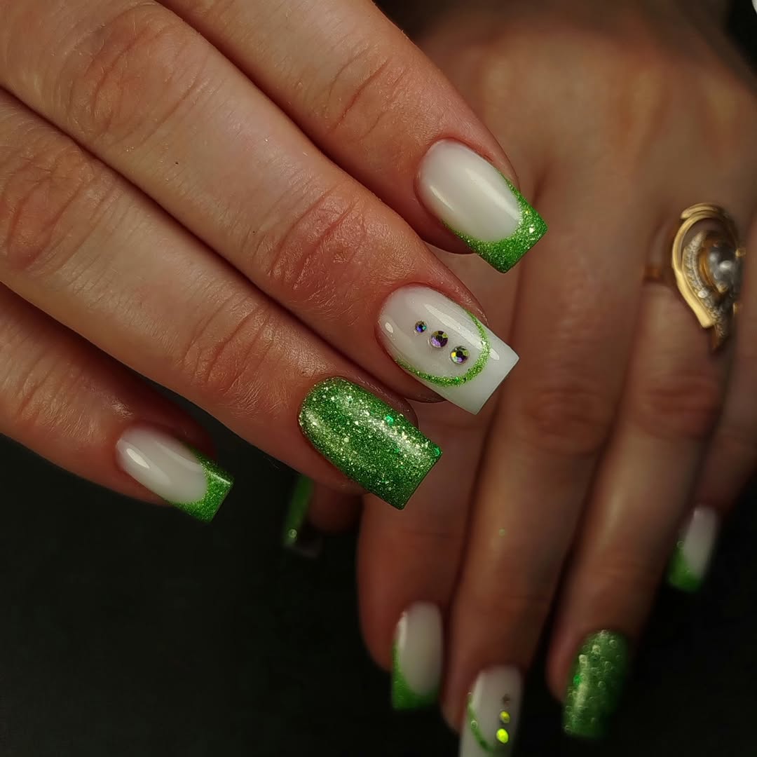 Glam Green Glitter French Tips With Rhinestones
