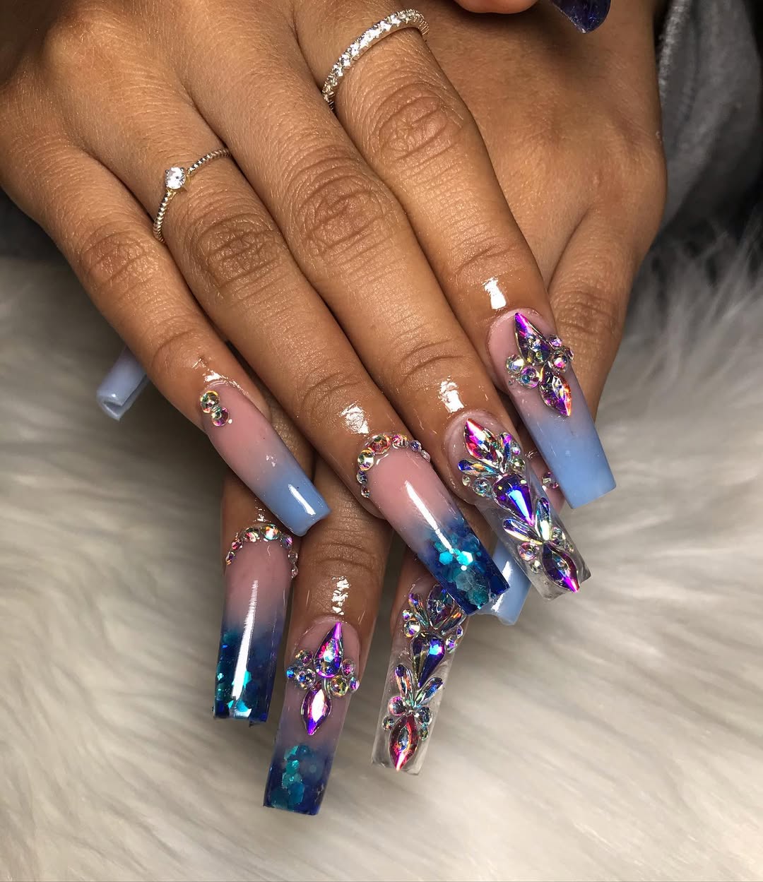 Glam Ombre Coffin Nails with Aqua Blue Rhinestones