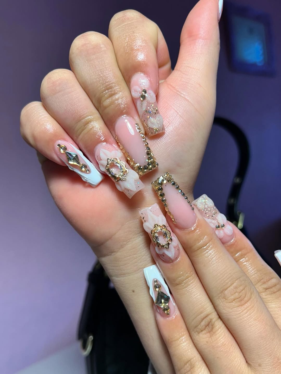 Glam Pink and White Coffin Nails with Rhinestones