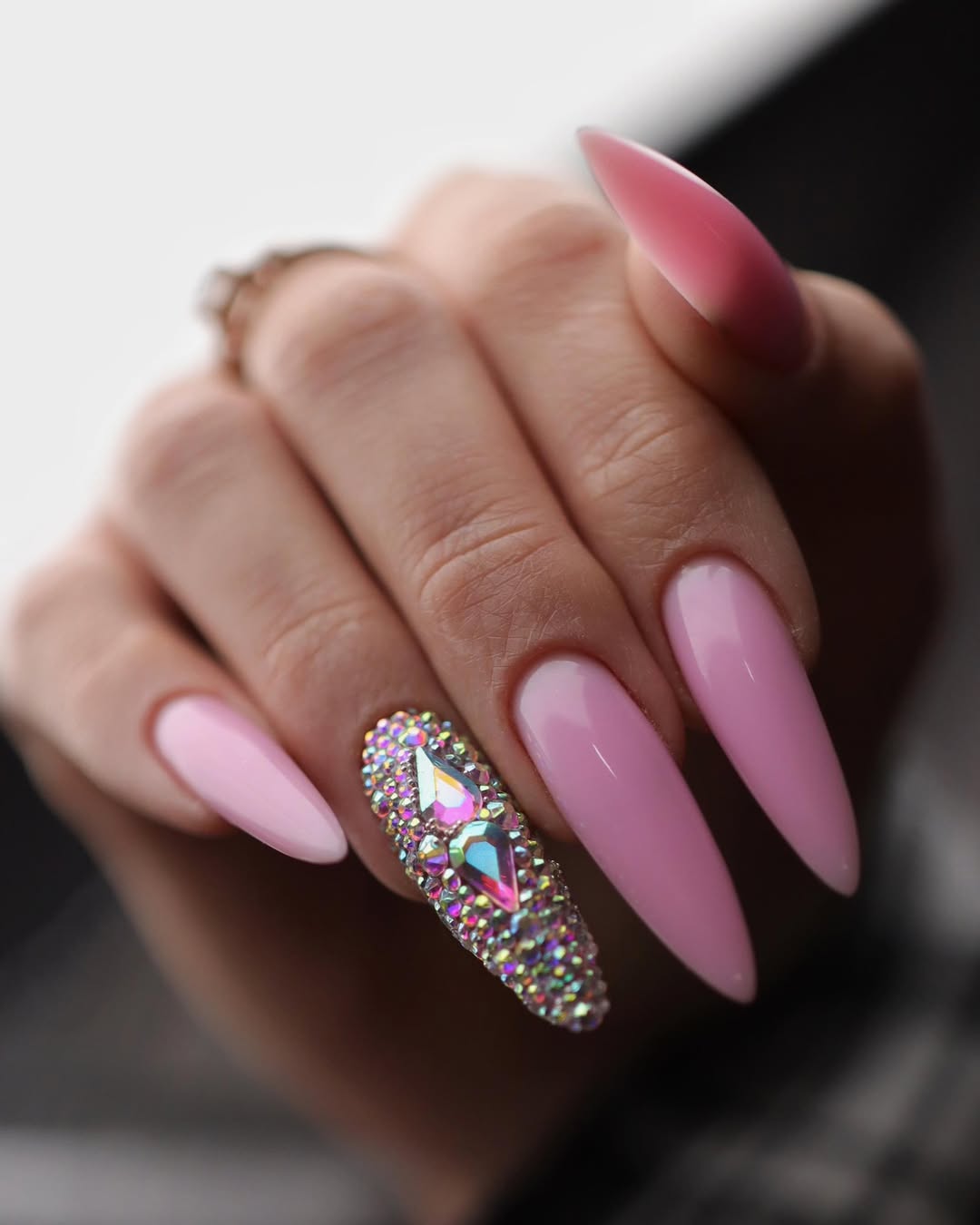 Glam Pink Stiletto Nails With Crystal Embellishments