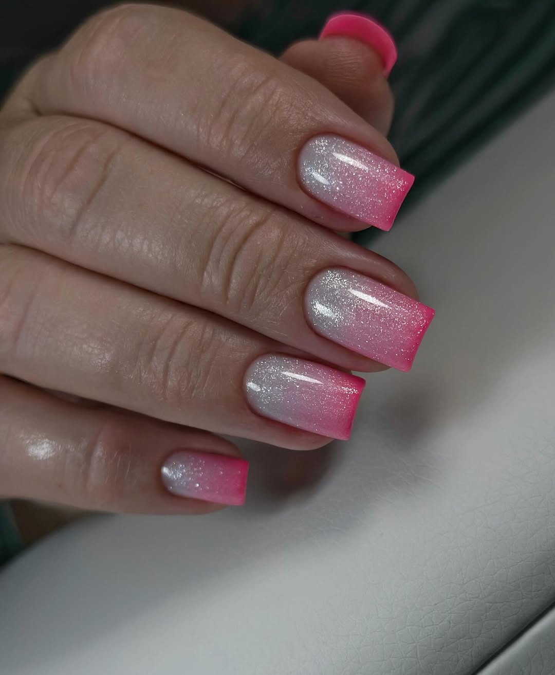 Glittery Pink and White Ombre Squared Nails