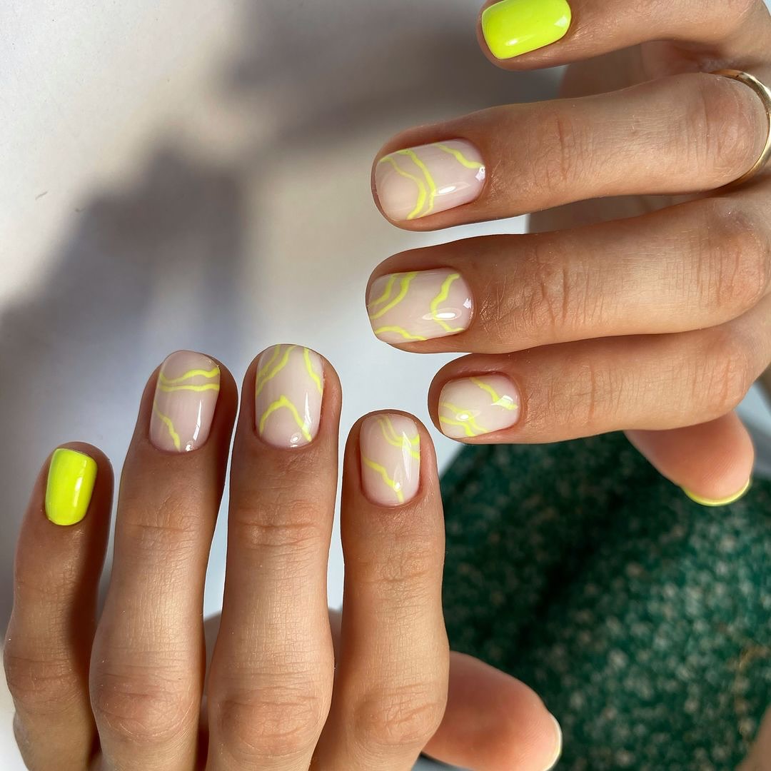 Glossy Almond Neutral Base Swirls With Neon Yellow