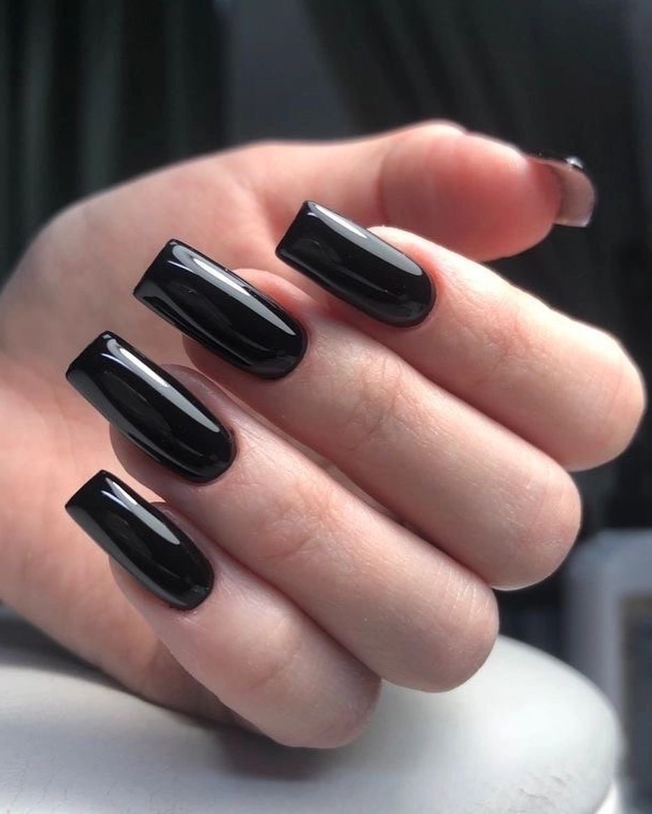 Glossy Black Square Long Coffin Nails
