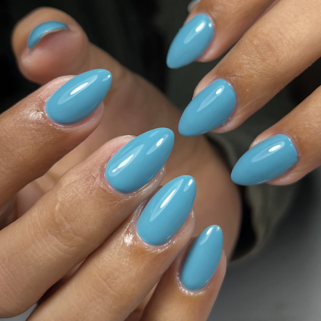 Glossy Blue Almond Solid Color Nails