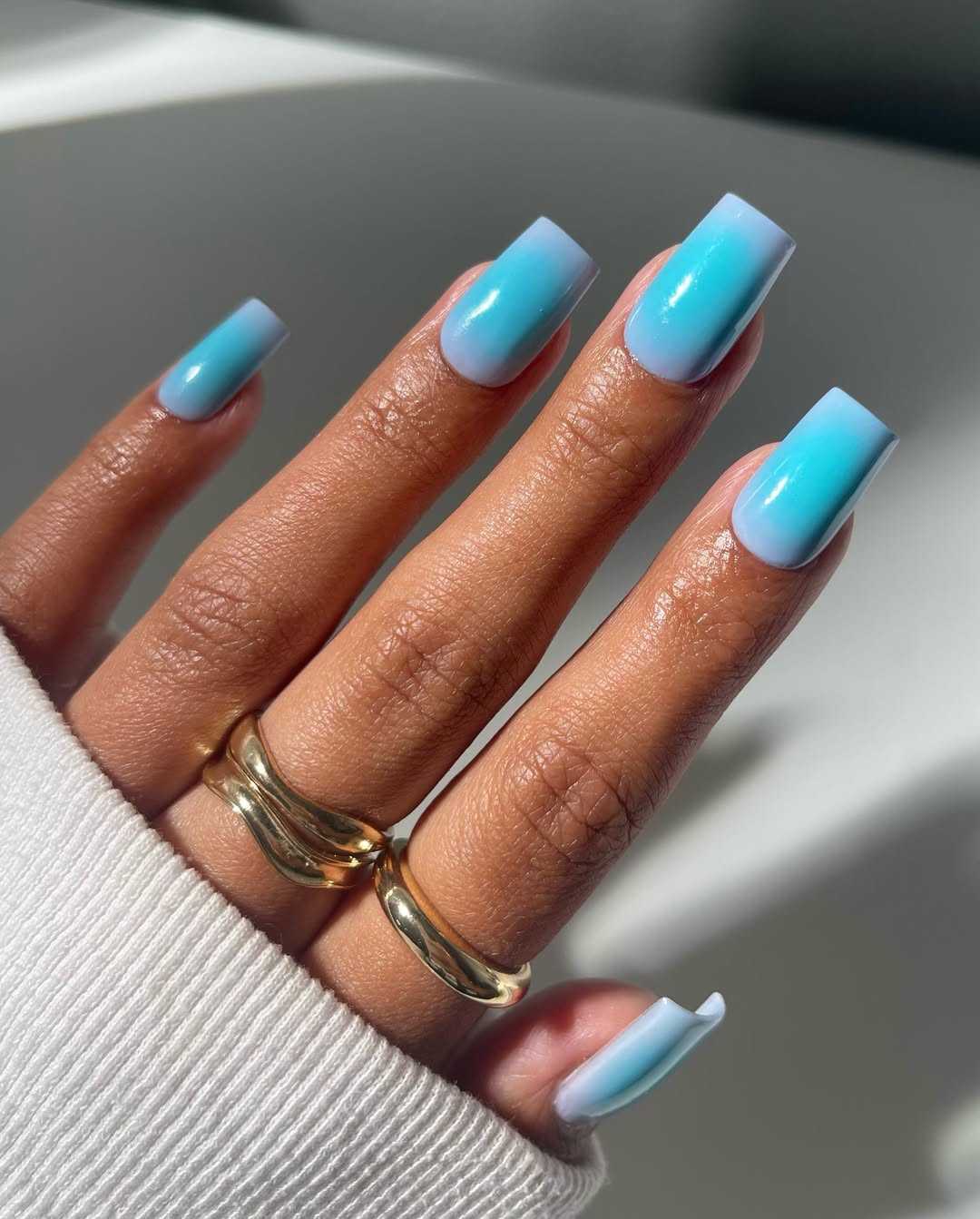Glossy Blue and Lavender Ombré Square Nails