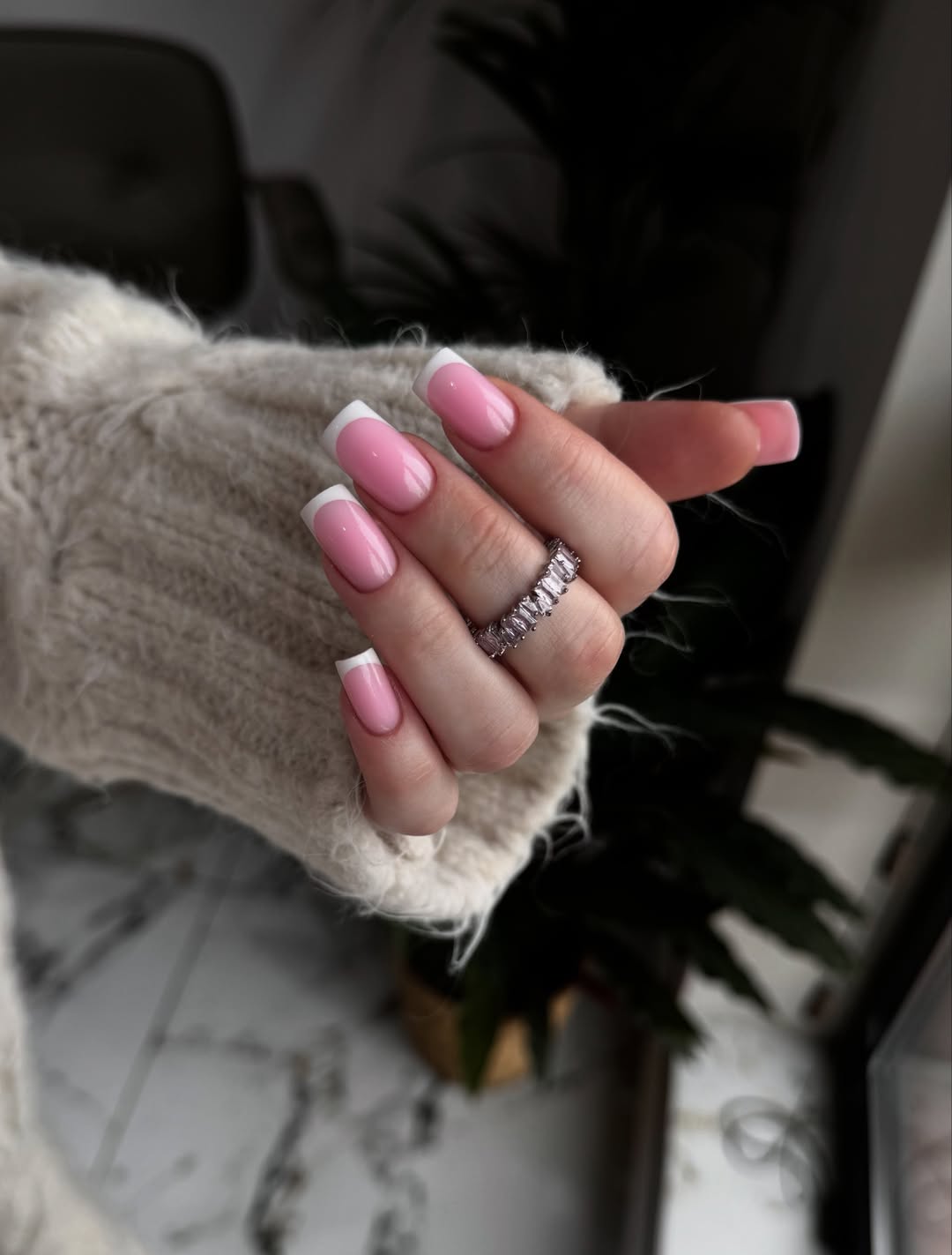 Glossy Bubblegum Pink French Tip Square Nails