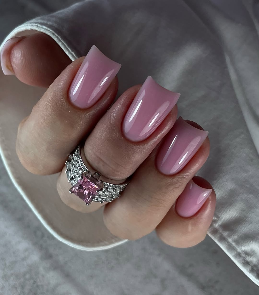 Glossy Bubblegum Pink Long Square Nails