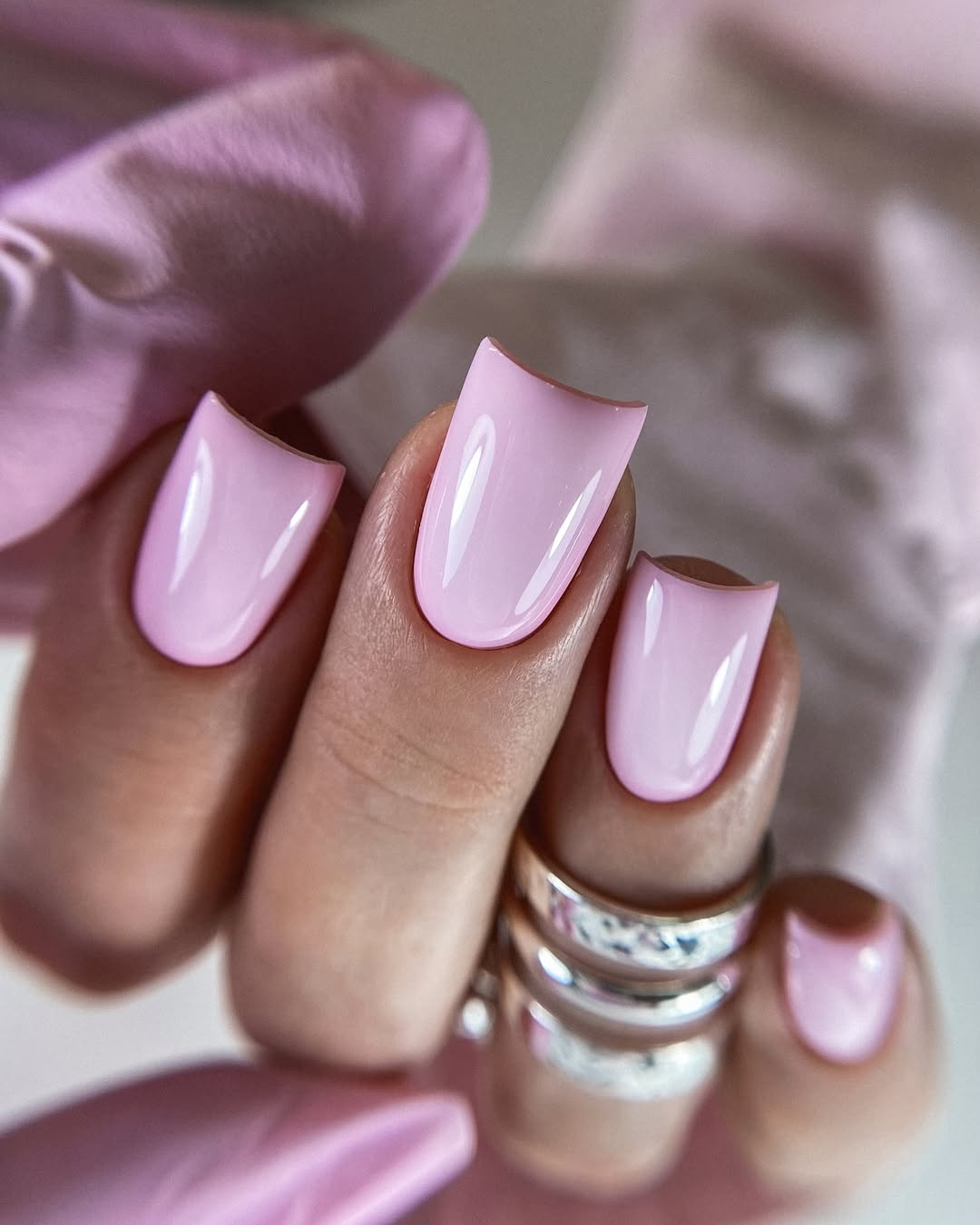 Glossy Bubblegum Pink Medium Square Nails