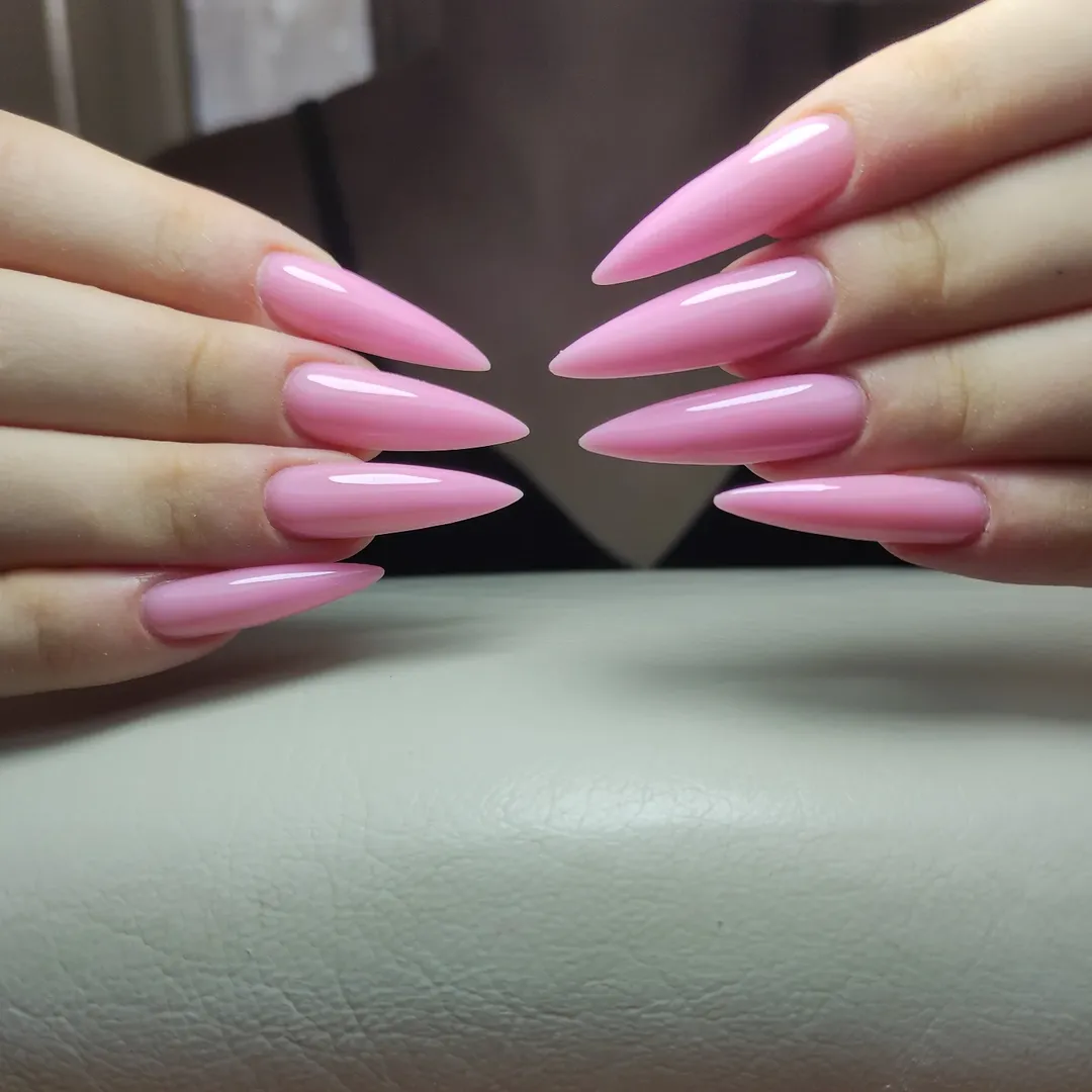 Glossy Bubblegum Pink Stiletto Nails