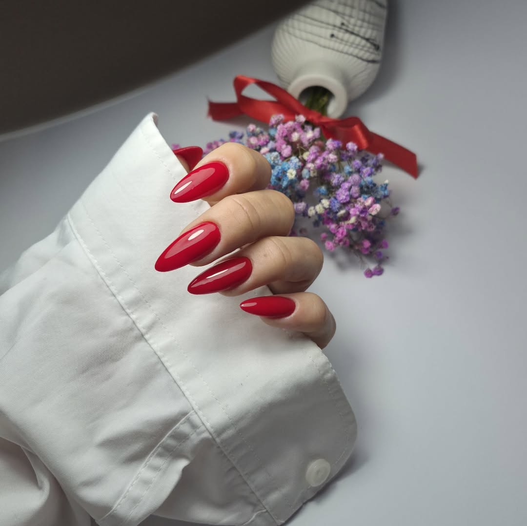 Glossy Chili Red Long Almond Nails