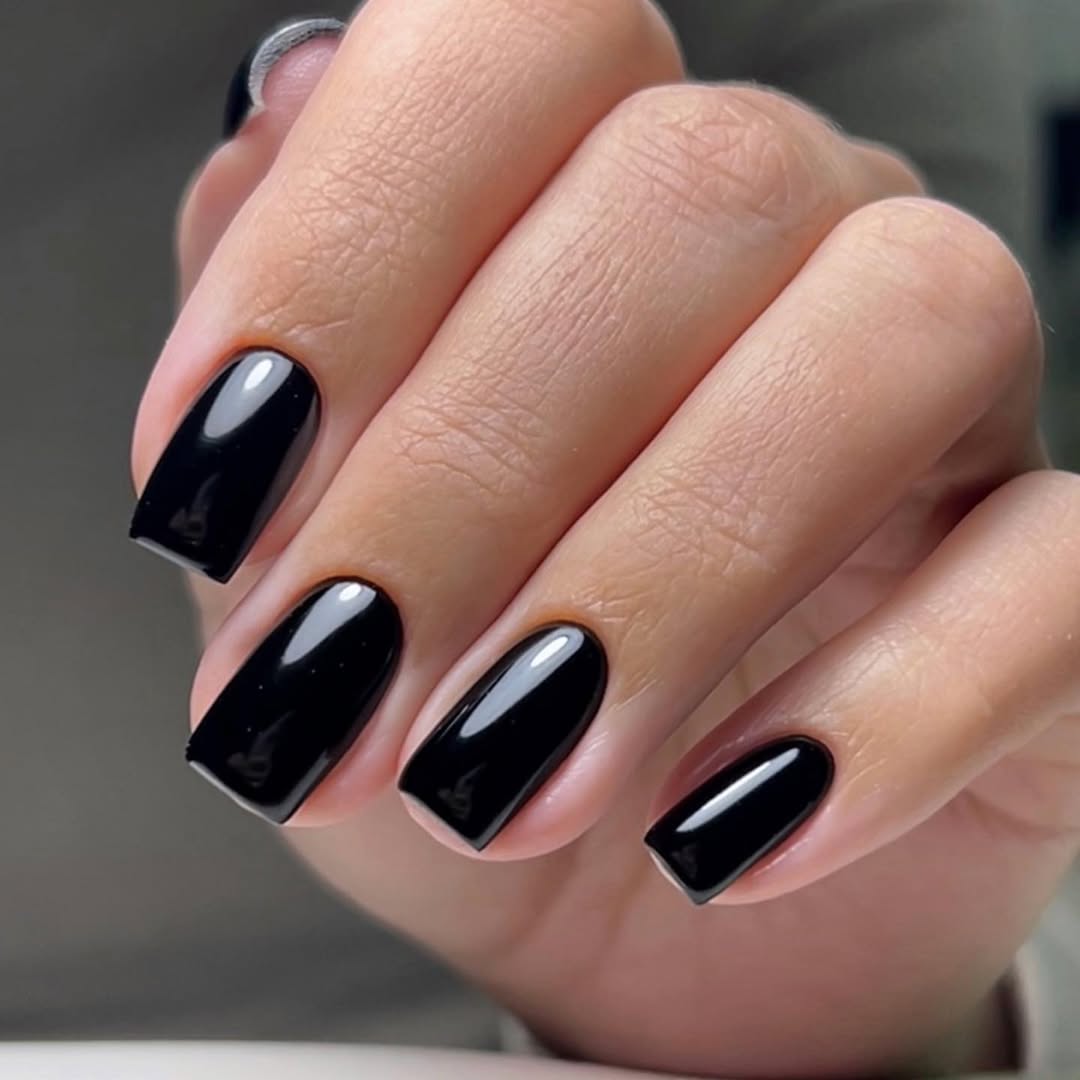 Glossy Jet Black Medium Squoval Nails