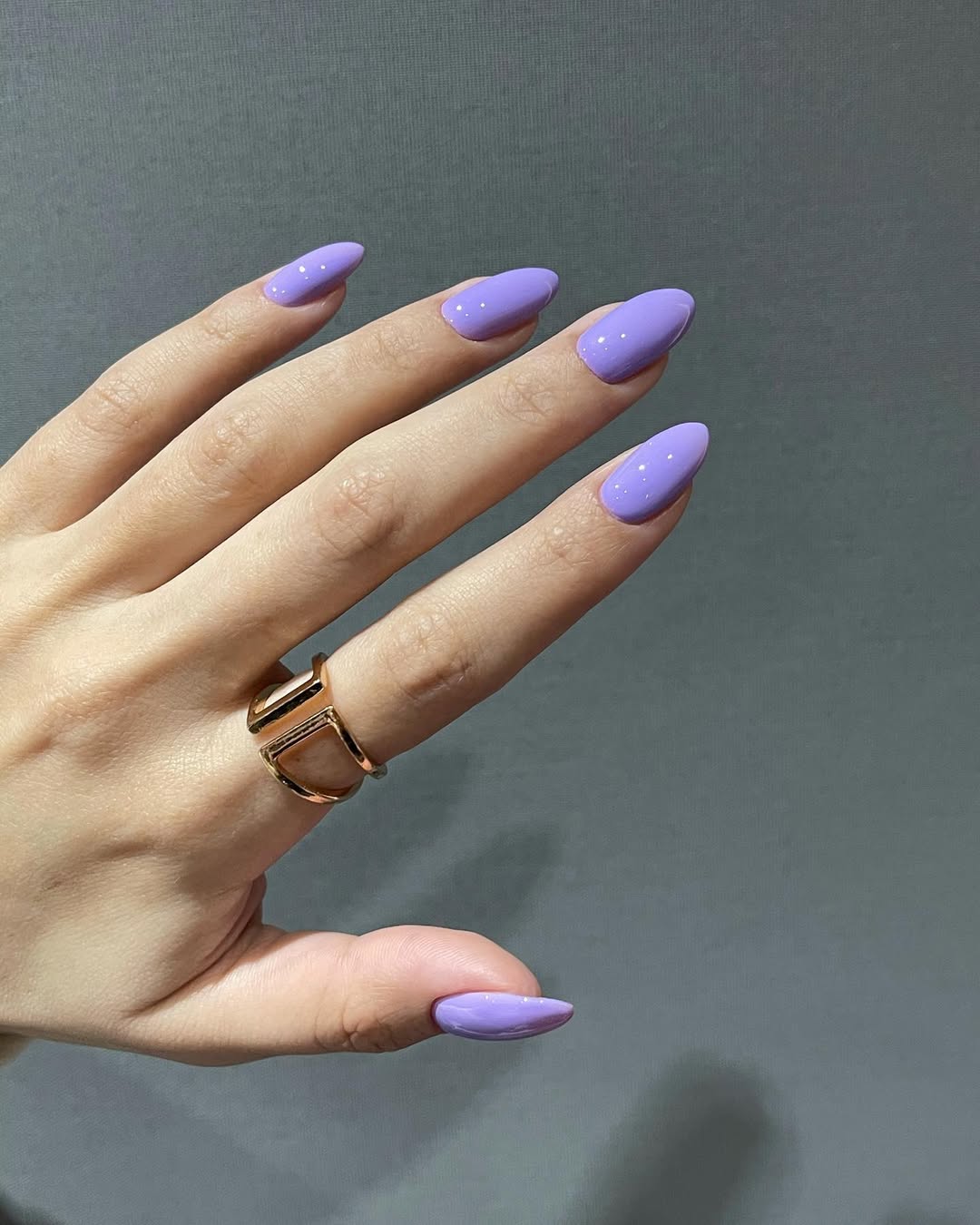 Glossy Lavender Almond Medium Length Nails