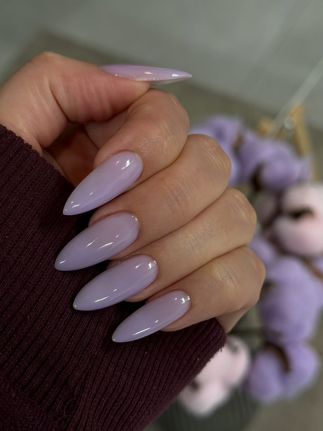 Glossy Lavender Jelly Stiletto Nails
