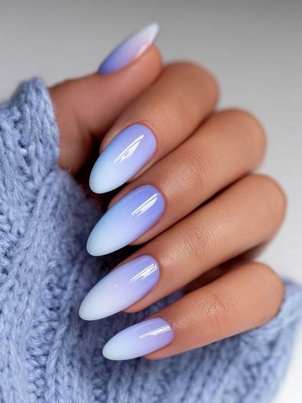 Glossy Lavender to White Ombre Almond Nails