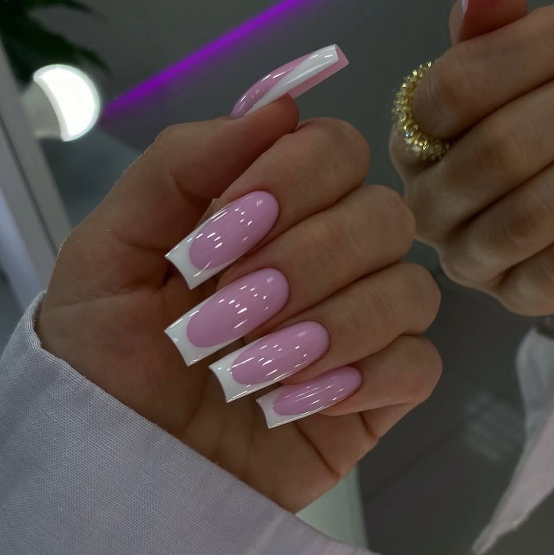 Glossy Long Baby Pink French Tip Coffin Nails