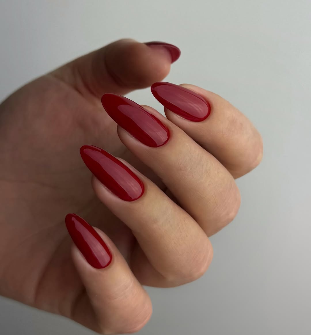 Glossy Maroon Red Oval Nails