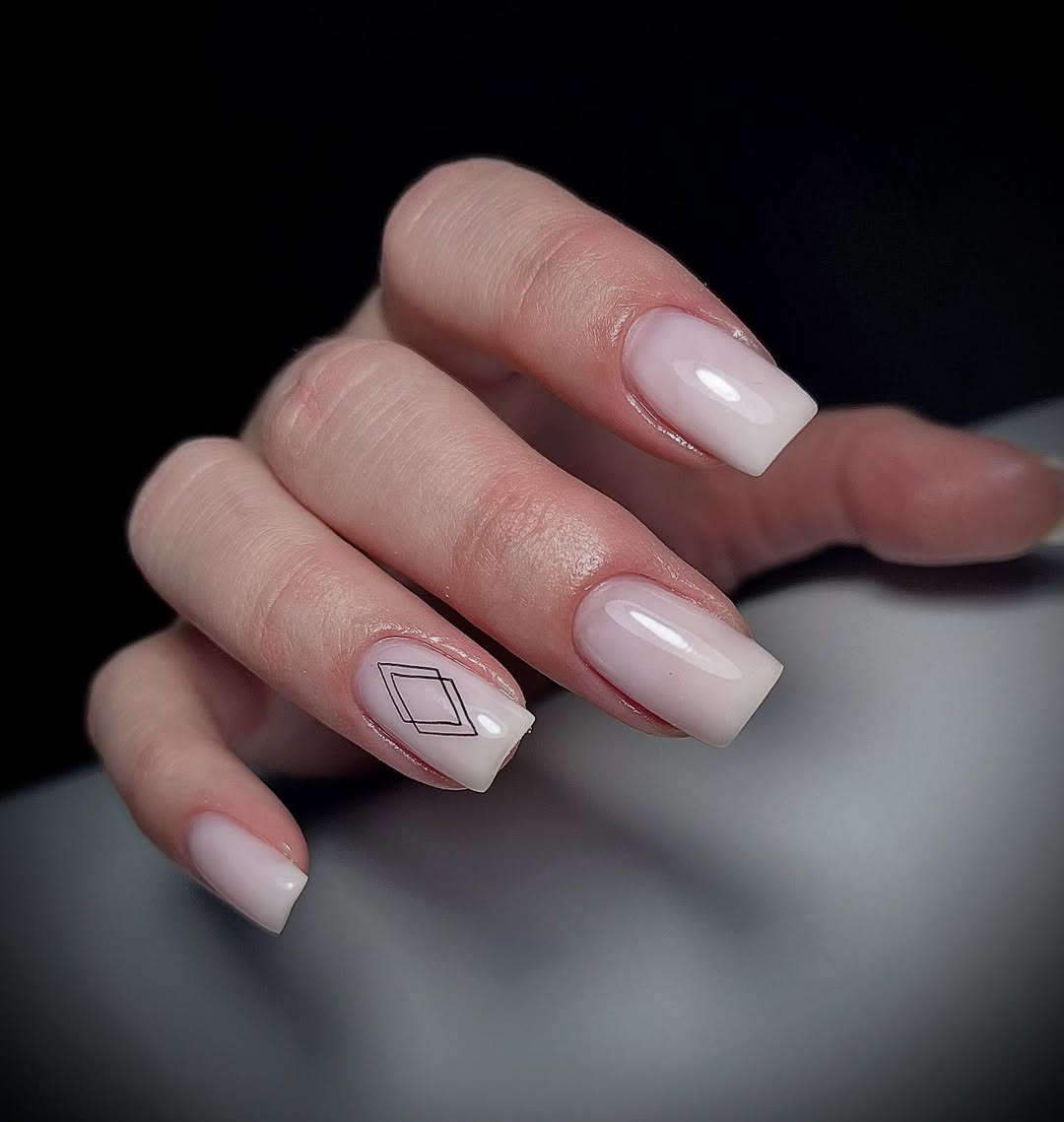Glossy Milky White Square Nails with Geometric Art