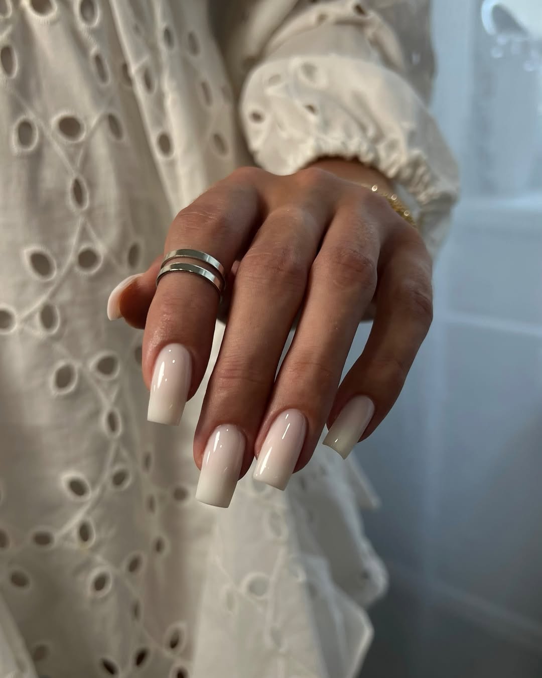 Glossy Milky White Square Ombre Nails