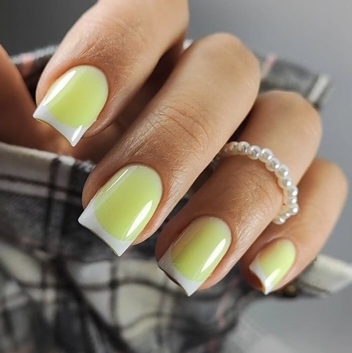 Glossy Neon Green White Inverted French Nails