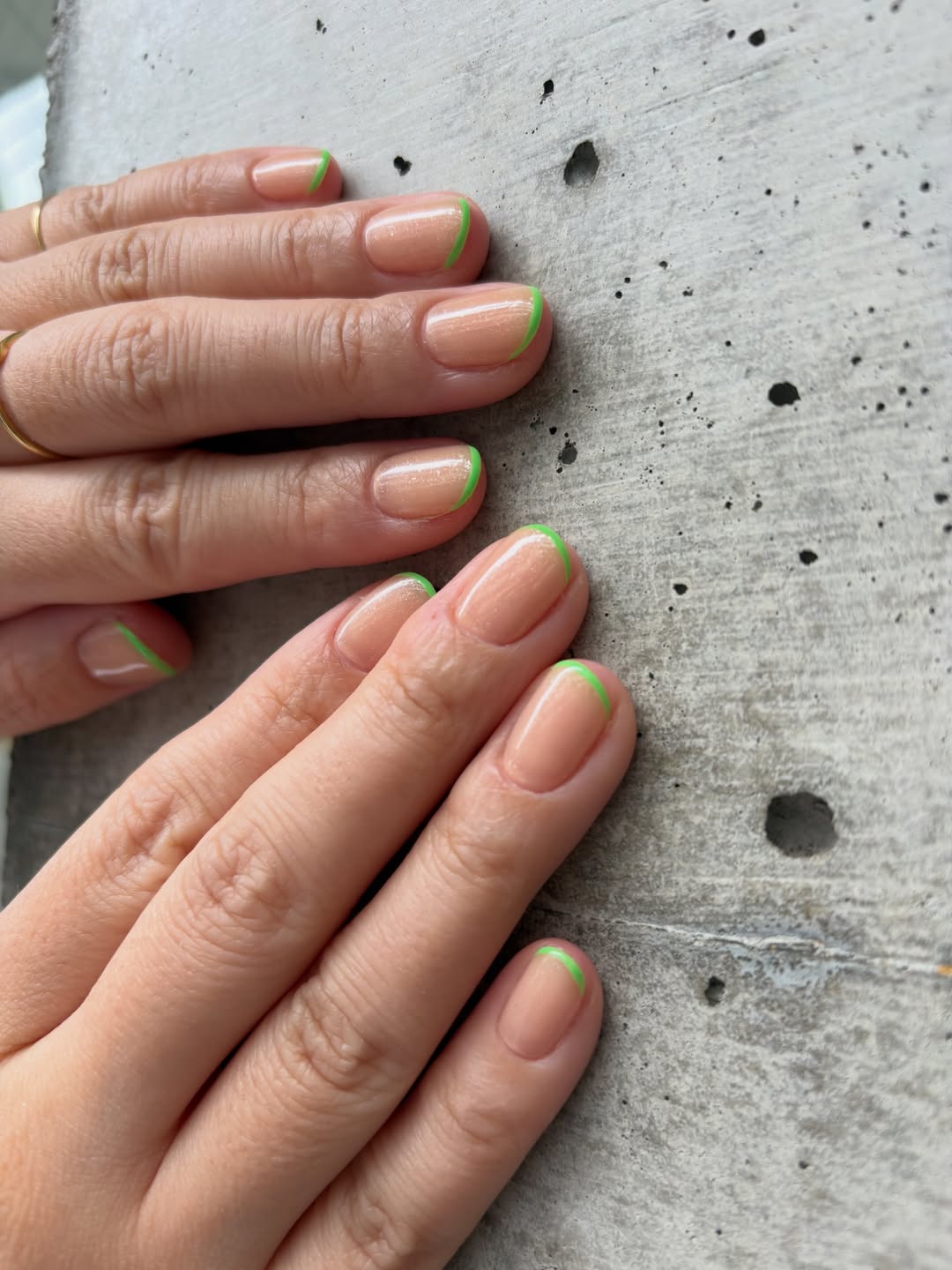 Glossy Nude Micro French Neon Green Tips