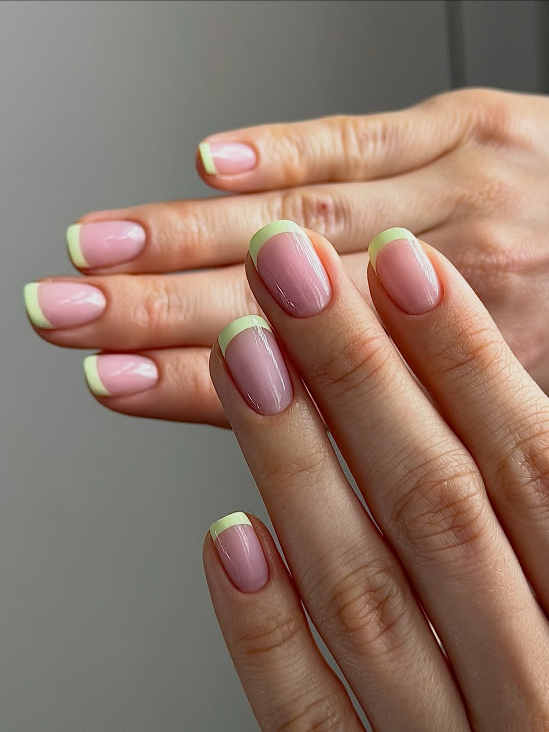 Glossy Nude Pink and Lime Green French Tips