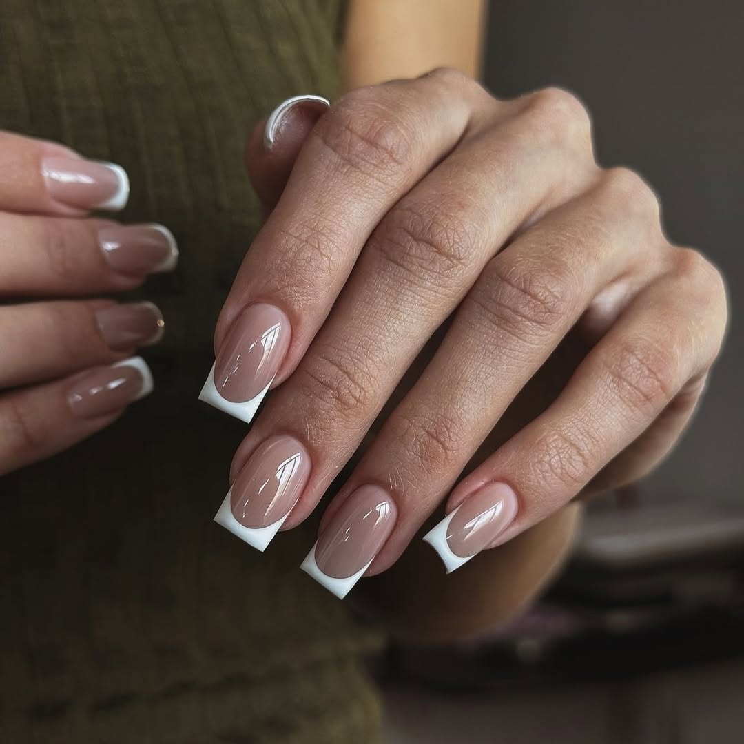 Glossy Nude White French Tip Squoval Nails