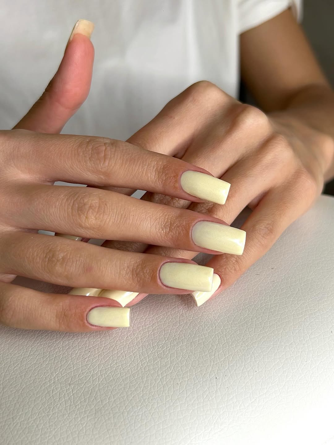 Glossy Pastel Pale Yellow Square Nails