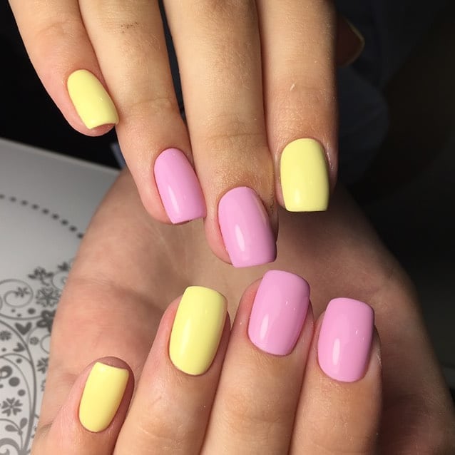 Glossy Pastel Pink and Yellow Color Block Squoval Nails