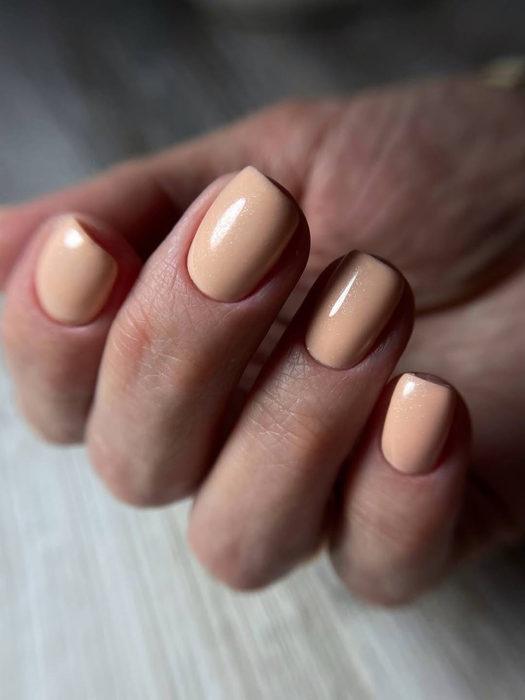 Glossy Peachy Nude Short Squoval Nails
