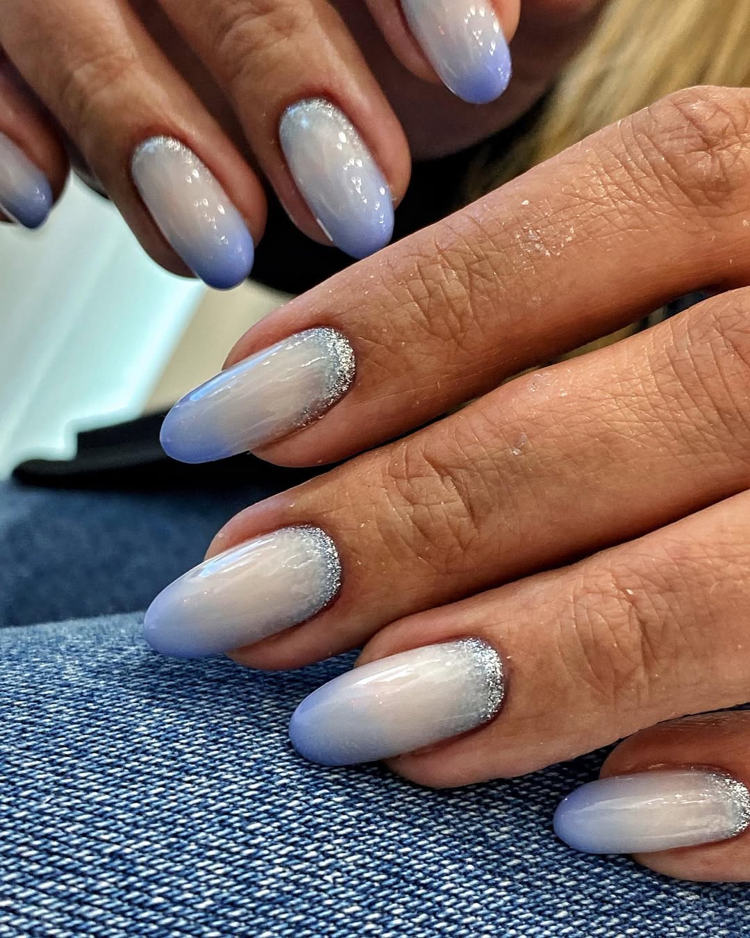 Glossy Periwinkle Ombre Almond Nails