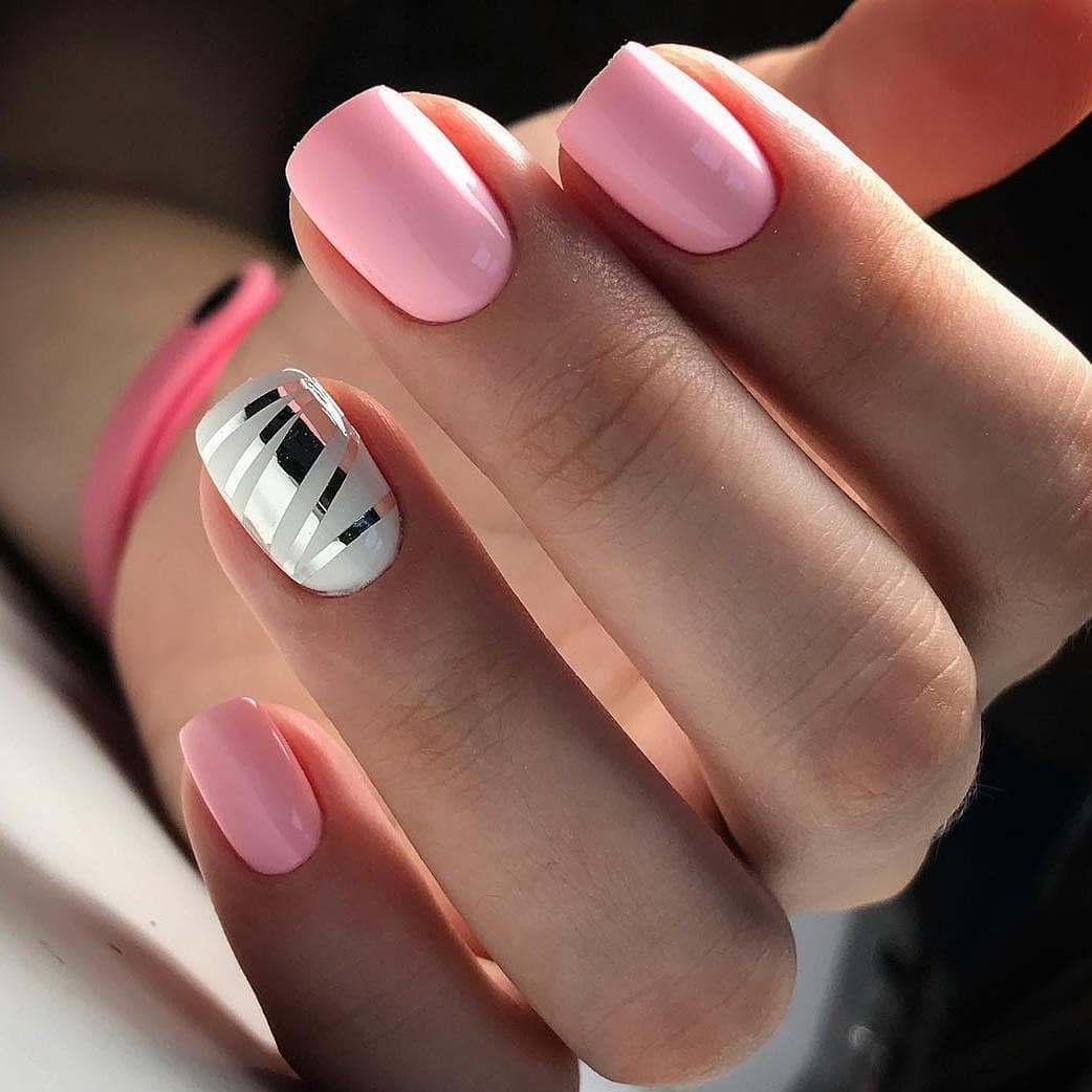Glossy Pink and White Geometric Stripe Nails