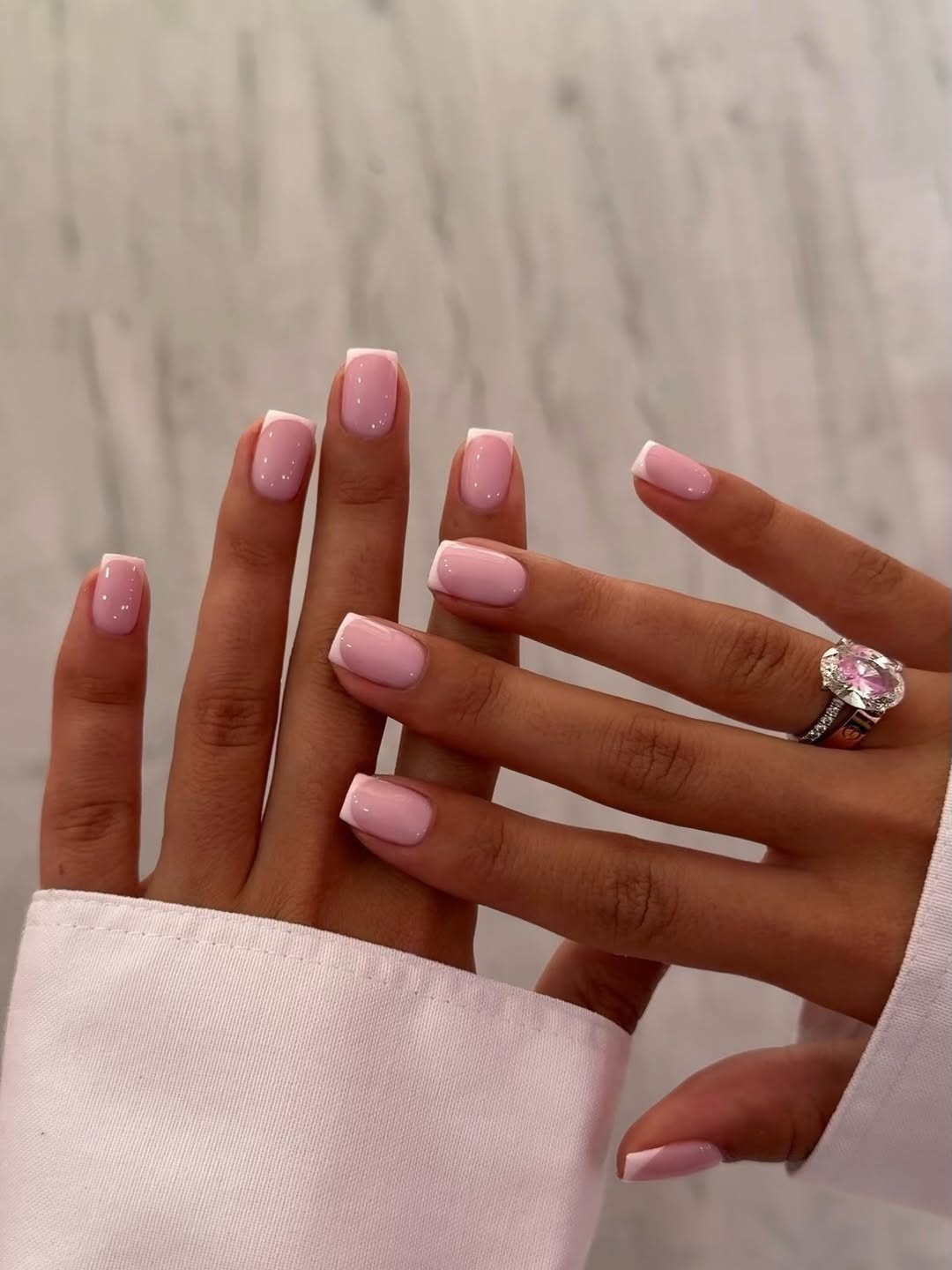 Glossy Pink French Tip Square Nails