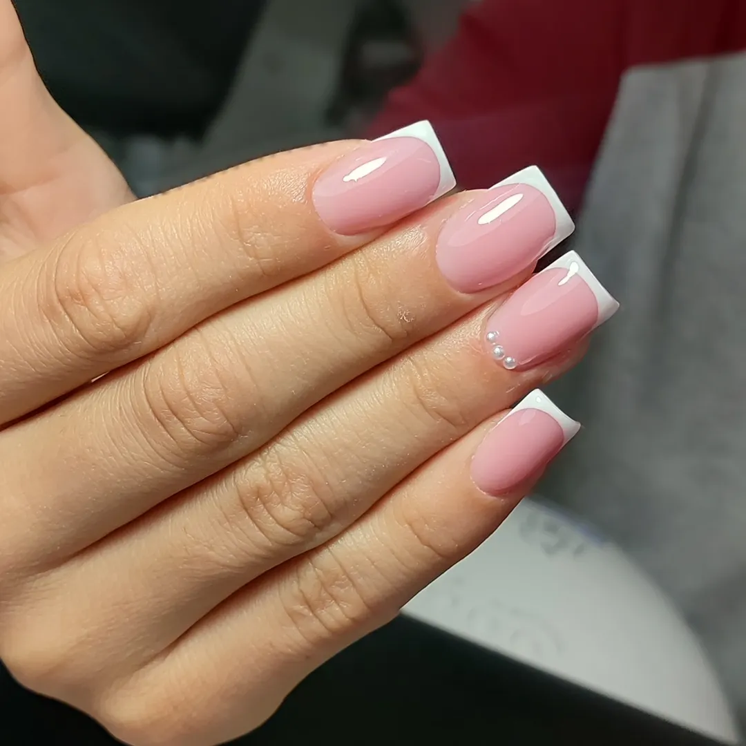 Glossy Pink French Tips With Pearl Detail Square Nails